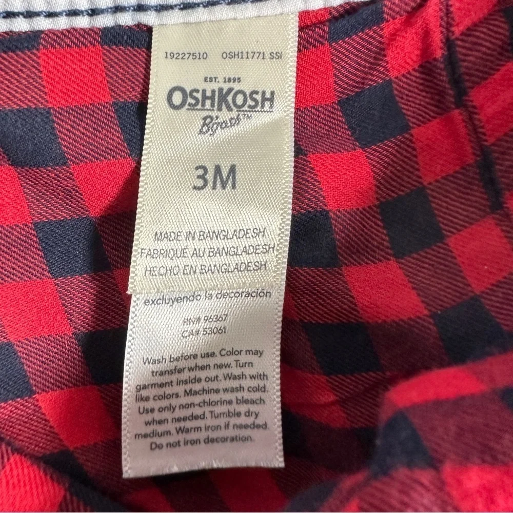 OshKosh Vestbak Buffalo Check Lined Denim Oversalls Embroidered Start Sz 3M